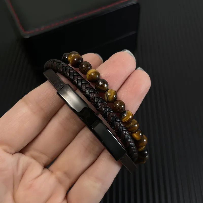 Triple-Layer Bracelet with Tiger Eye Beads – Leather, Braided, and Polished Steel Combo