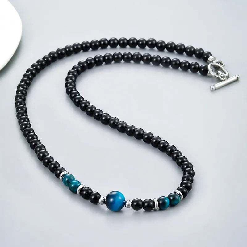 Men's Blue Tiger Eye & Black Stone Beaded Necklace | Stainless Steel Toggle Clasp (46cm Choker)