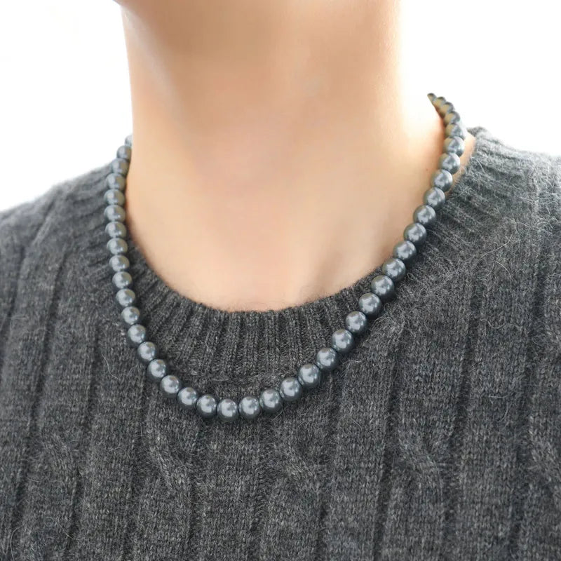 Grey Beaded Necklace with Gold Clasp – 18K Gold Plated Copper Beads for Men