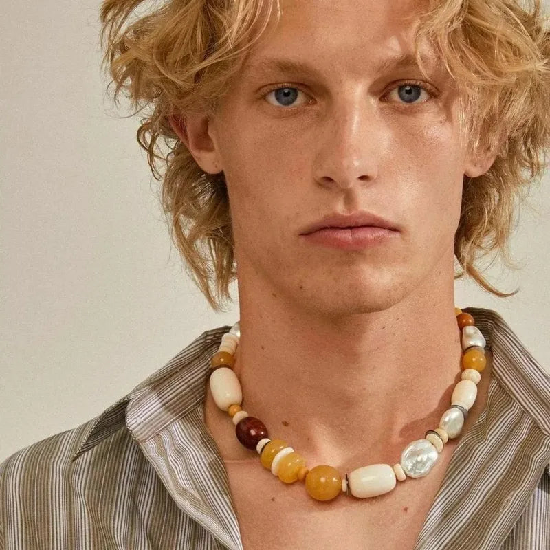 Color Block Beaded Necklace for Men – Vacation Style with Imitation Pearls