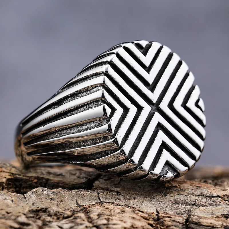 Bold Retro Carved Geometric Stainless Steel Men's Ring – Hip-Hop Statement Style