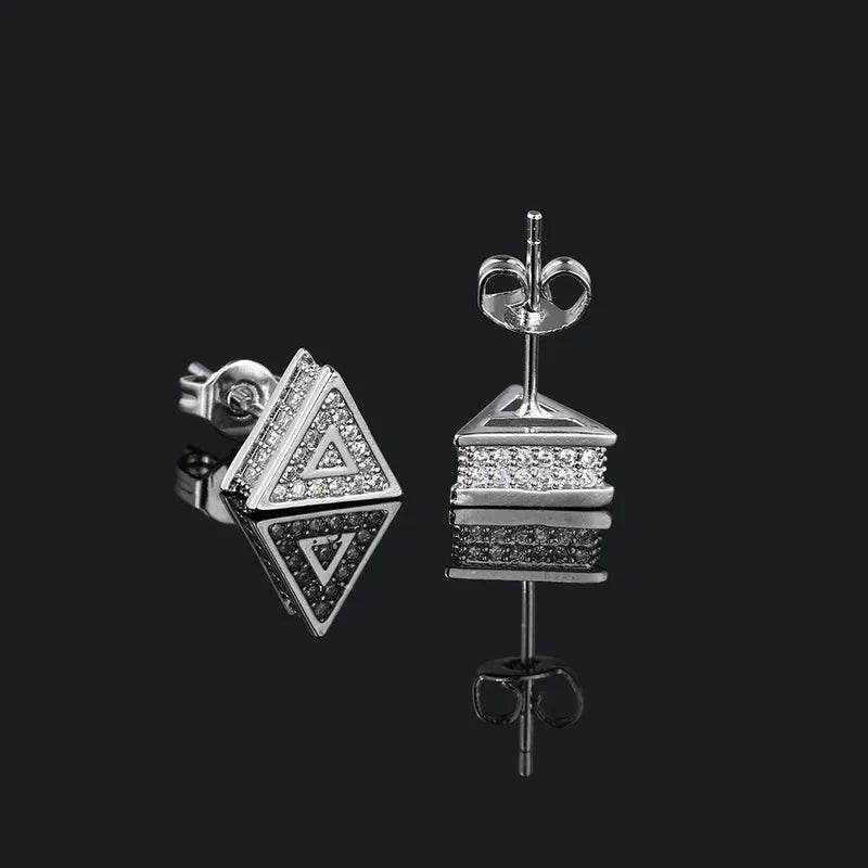 Men's Triangle Stud Earrings – White Zircon, Geometric Design