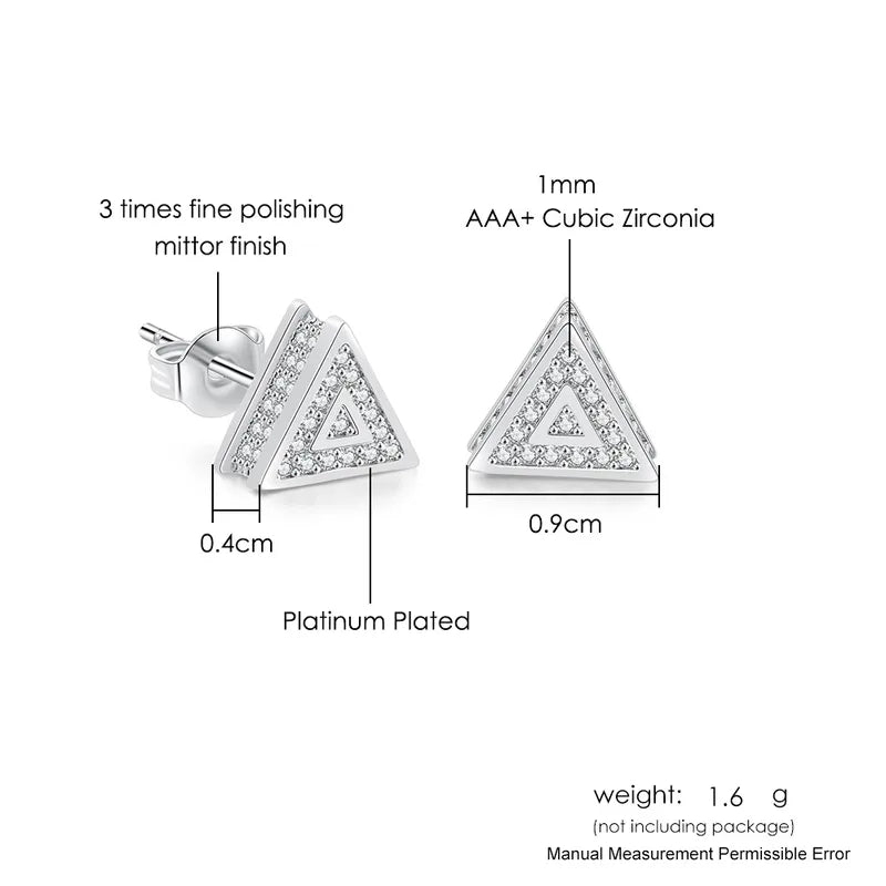 Men's Triangle Stud Earrings – White Zircon, Geometric Design