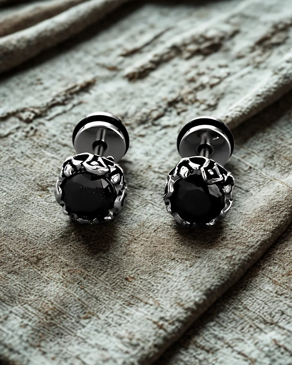 Men's Vintage Black Rhinestone Stud Earrings – 8mm Stainless Steel Round Studs