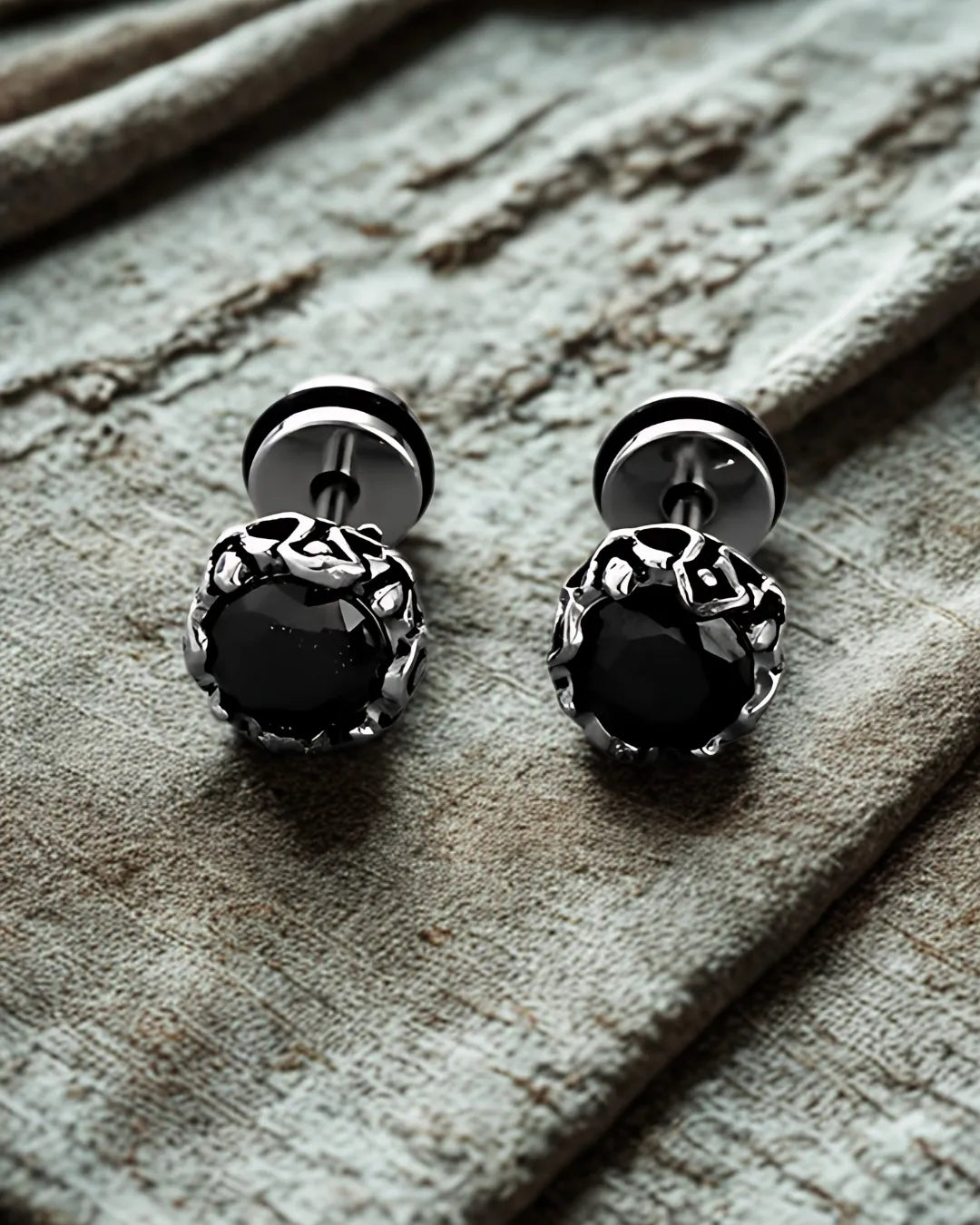 Men's Vintage Black Rhinestone Stud Earrings – 8mm Stainless Steel Round Studs