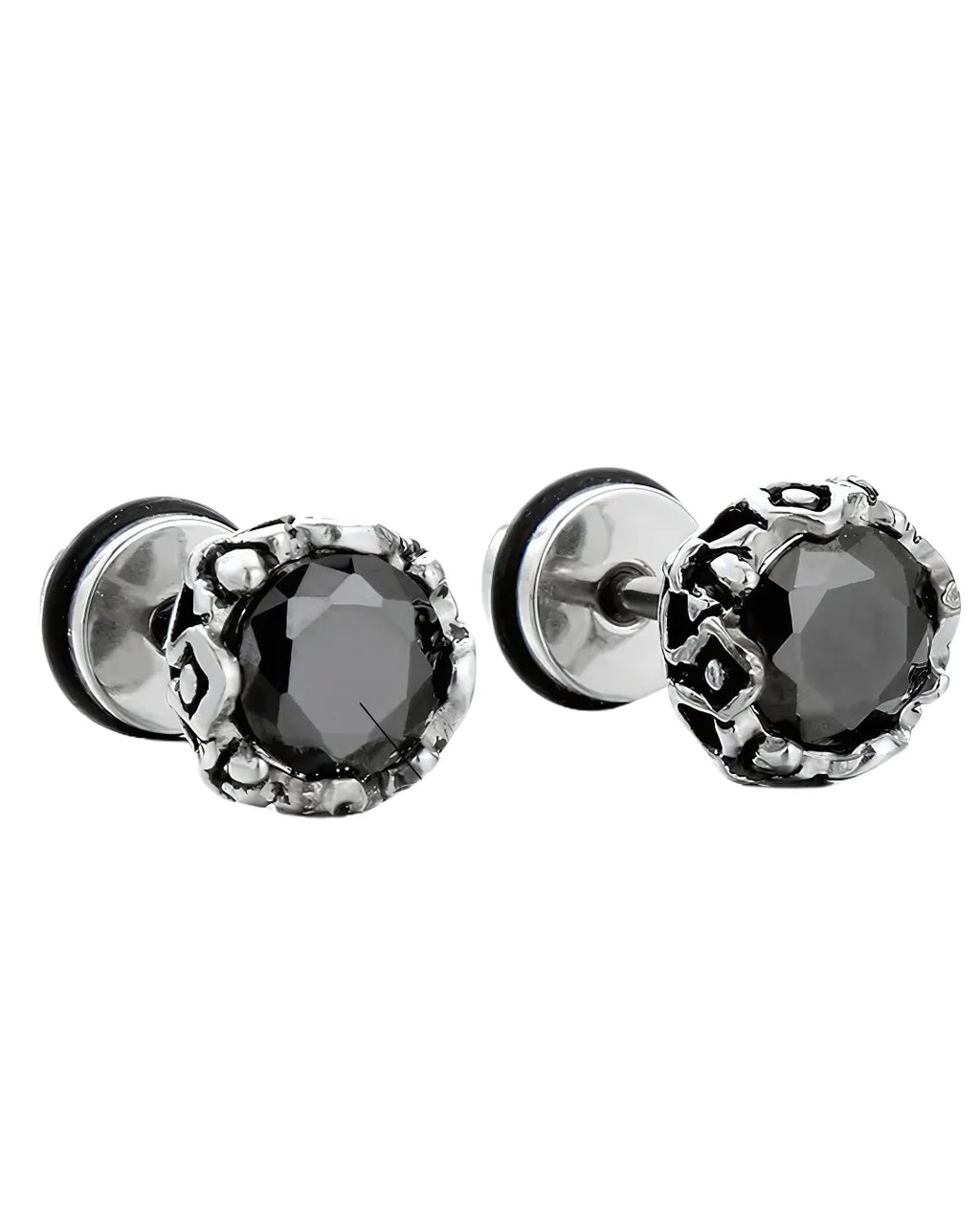 Men's Vintage Black Rhinestone Stud Earrings – 8mm Stainless Steel Round Studs