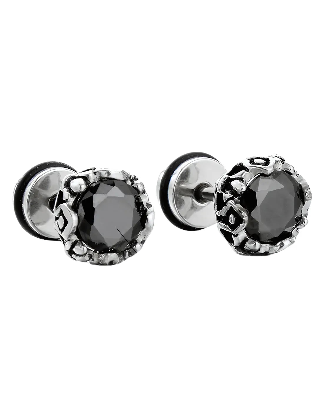 Men's Vintage Black Rhinestone Stud Earrings – 8mm Stainless Steel Round Studs