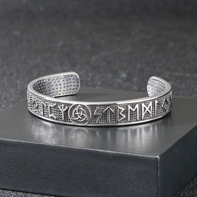 Men's Viking Runes Stainless Steel Cuff Bangle | Geometric Steel Color Design