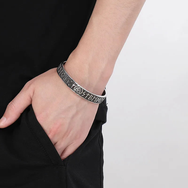 Men's Viking Runes Stainless Steel Cuff Bangle | Geometric Steel Color Design