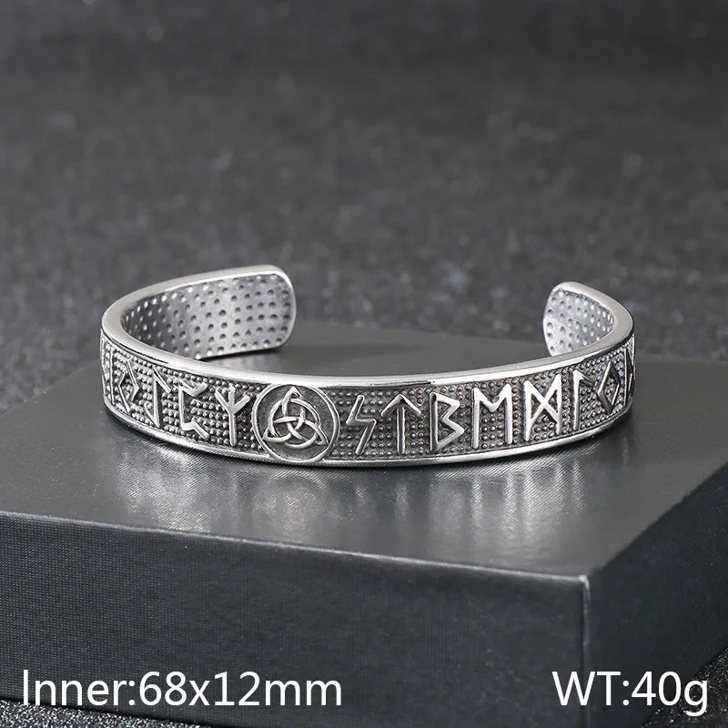 Men's Viking Runes Stainless Steel Cuff Bangle | Geometric Steel Color Design