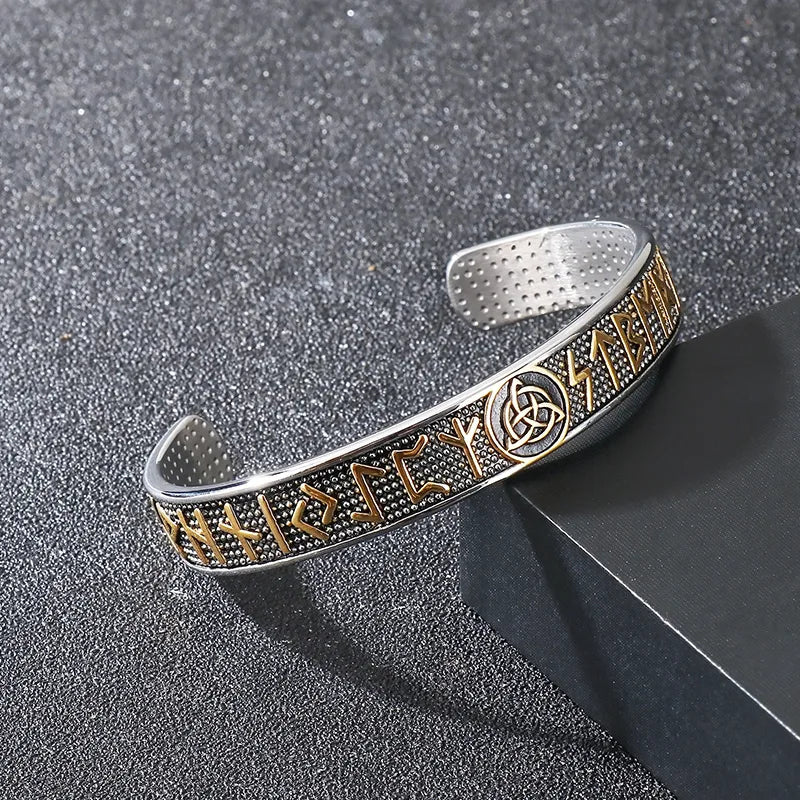 Men's Viking Runes Stainless Steel Cuff Bangle | Geometric 18K Gold Plated Accents