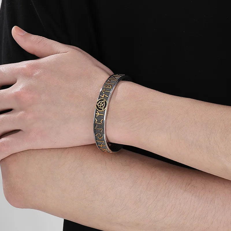Men's Viking Runes Stainless Steel Cuff Bangle | Geometric 18K Gold Plated Accents