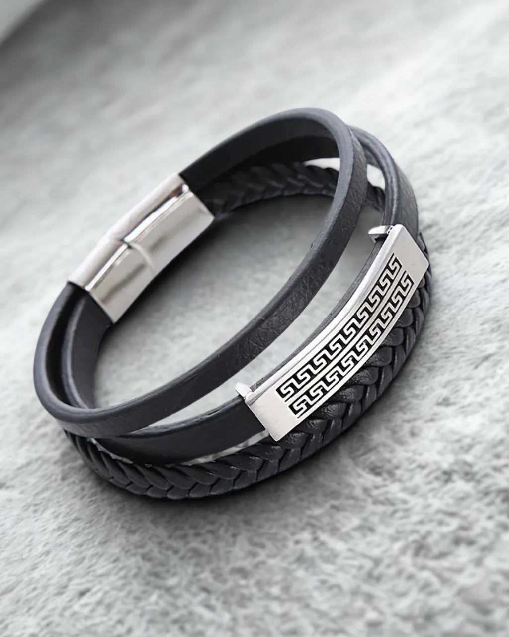 Simple Geometric Leather Layered Men’s Bracelet – Steel Accent