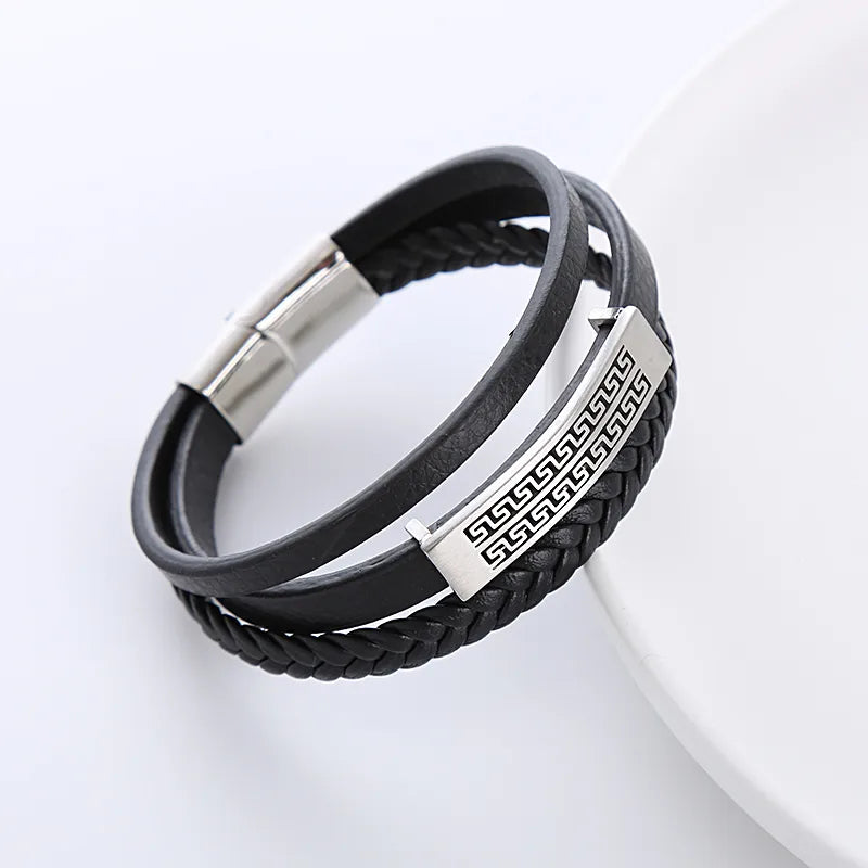 Simple Geometric Leather Layered Men’s Bracelet – Steel Accent