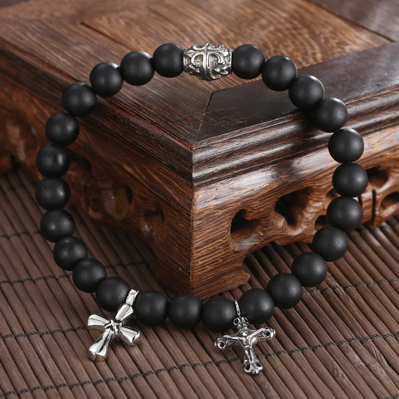 Black Onyx Beaded Bracelet with Double Cross Charms | Retro Style