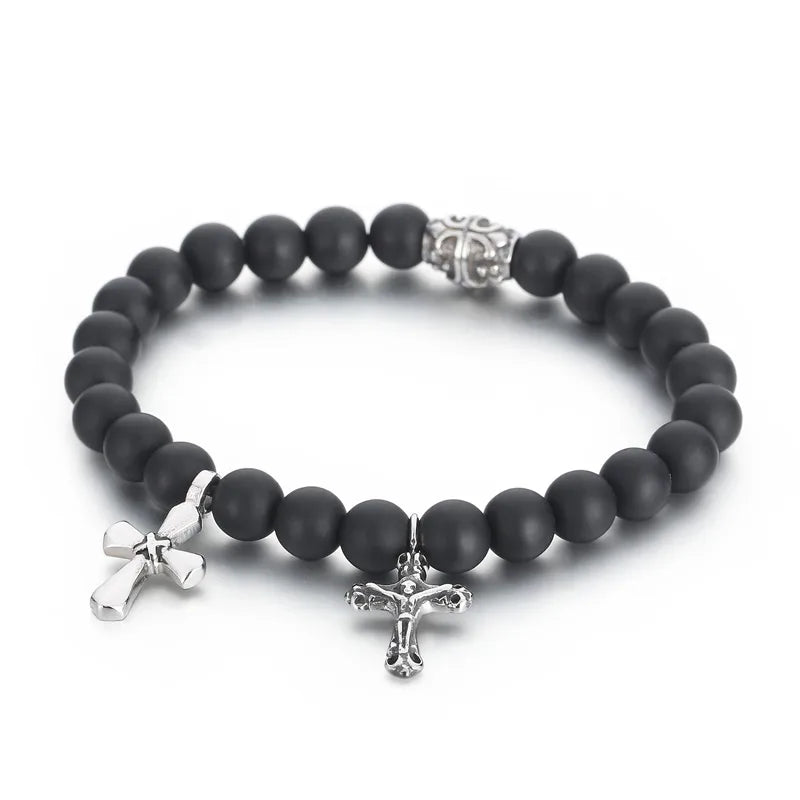 Black Onyx Beaded Bracelet with Double Cross Charms | Retro Style