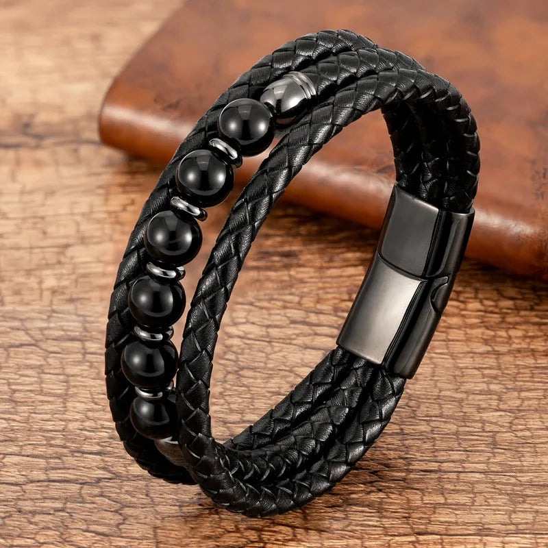 Handmade Braided Leather Bracelet with Black Beads – Men's Layered Design