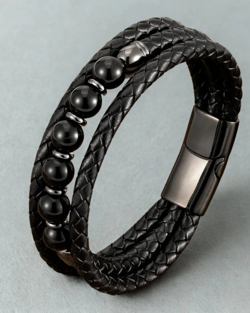Handmade Braided Leather Bracelet with Black Beads – Men's Layered Design