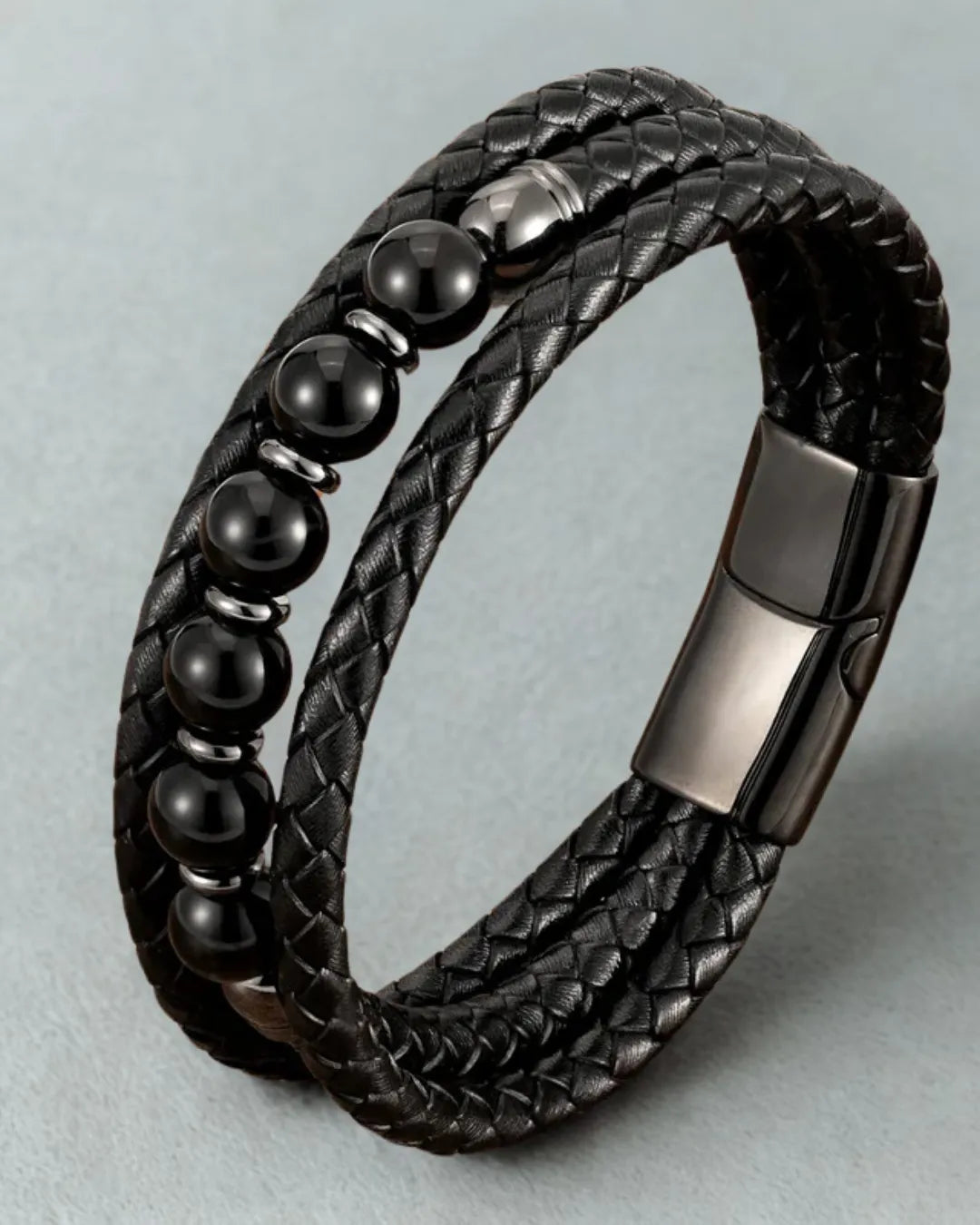 Handmade Braided Leather Bracelet with Black Beads – Men's Layered Design