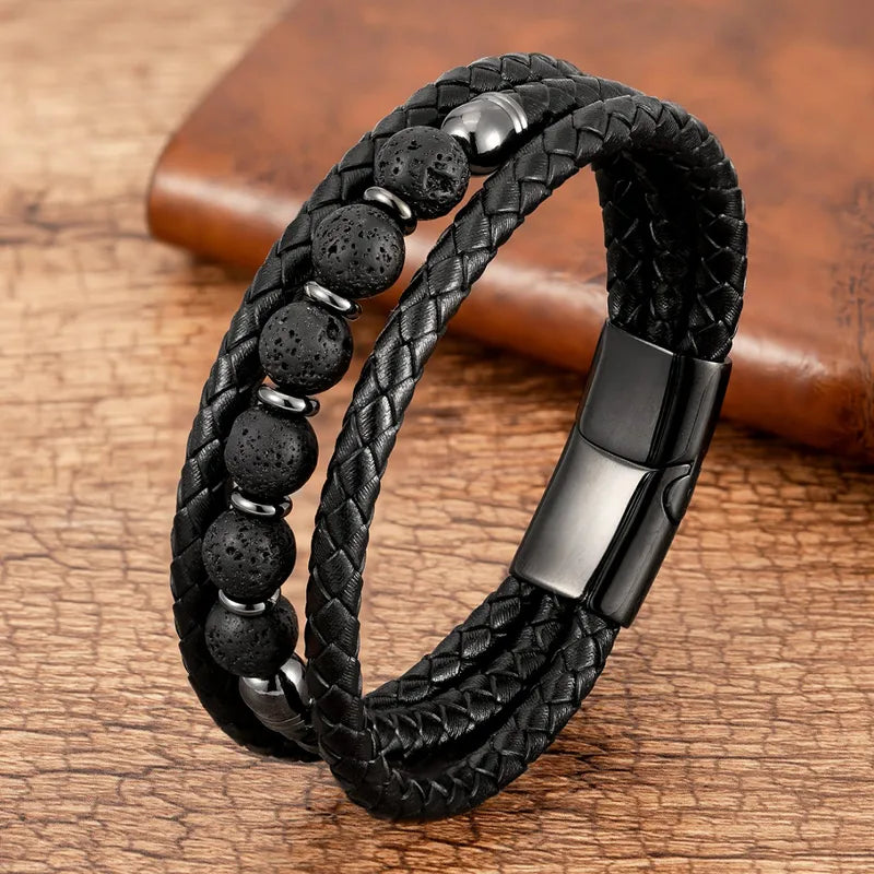 Black Lava Stone Bead & Braided Leather Bracelet – Men's Magnetic Clasp