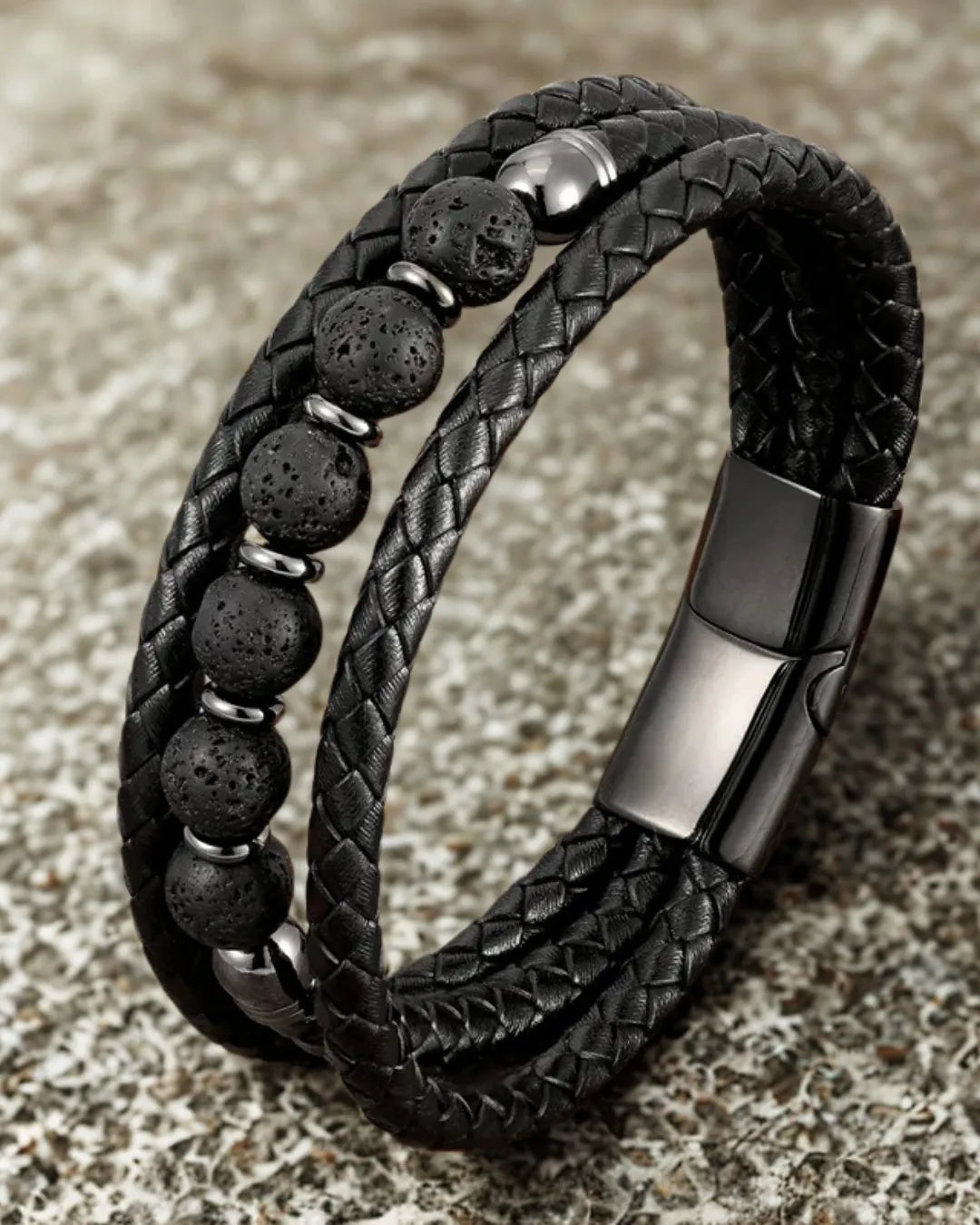 Black Lava Stone Bead & Braided Leather Bracelet – Men's Magnetic Clasp