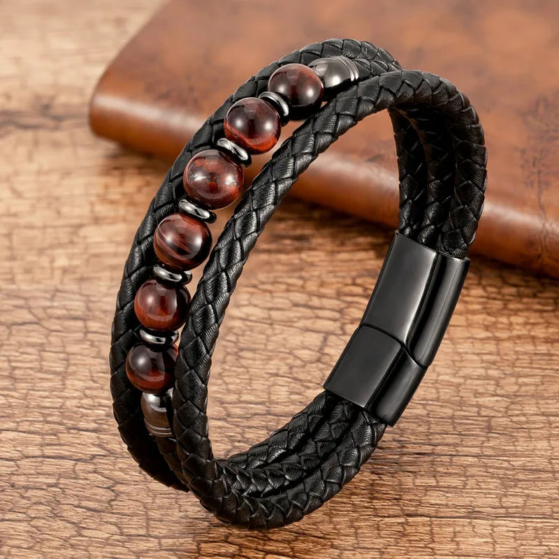 Braided Leather Bracelet with Tiger Eye Beads – Men's Magnetic Clasp