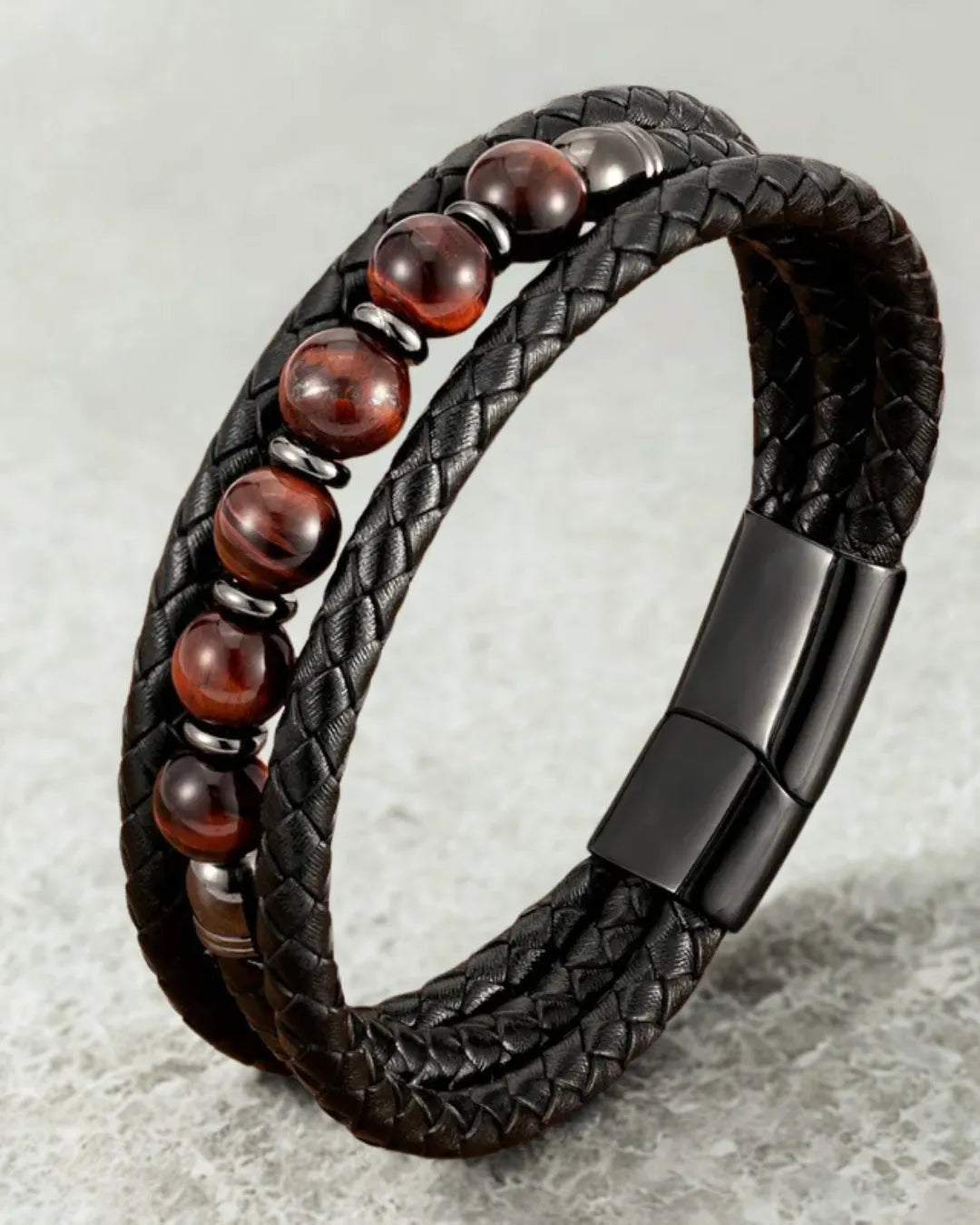 Braided Leather Bracelet with Tiger Eye Beads – Men's Magnetic Clasp
