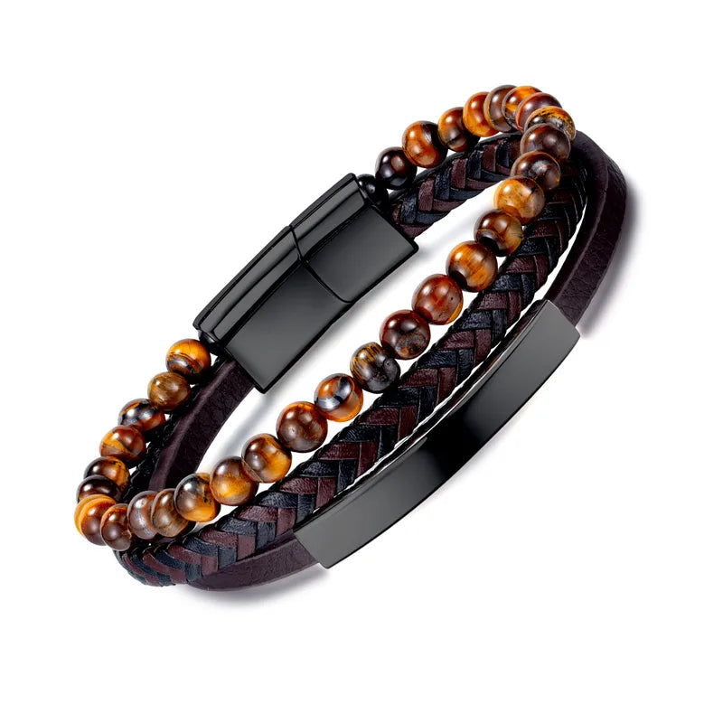 Triple-Layer Bracelet with Tiger Eye Beads – Leather, Braided, and Polished Steel Combo