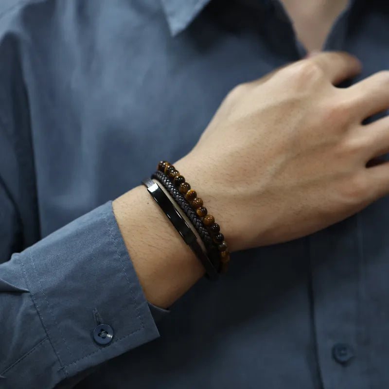 Triple-Layer Bracelet with Tiger Eye Beads – Leather, Braided, and Polished Steel Combo