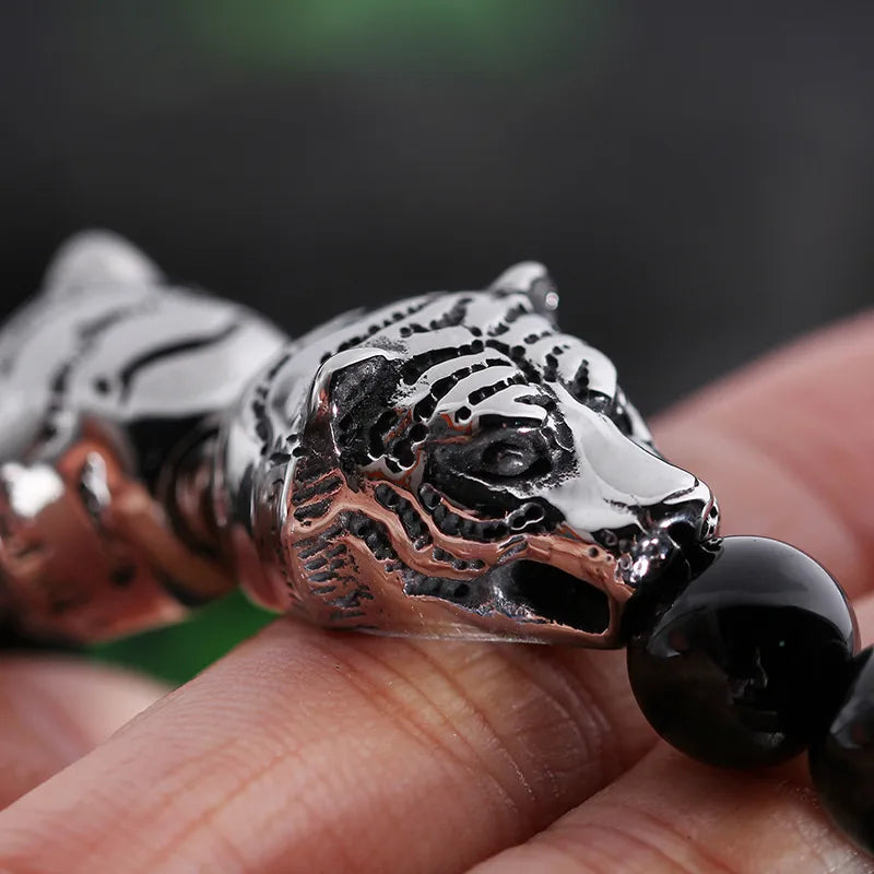 Black Onyx-Style Beaded Bracelet with Dual Tiger Heads – Men’s Titanium Steel Design