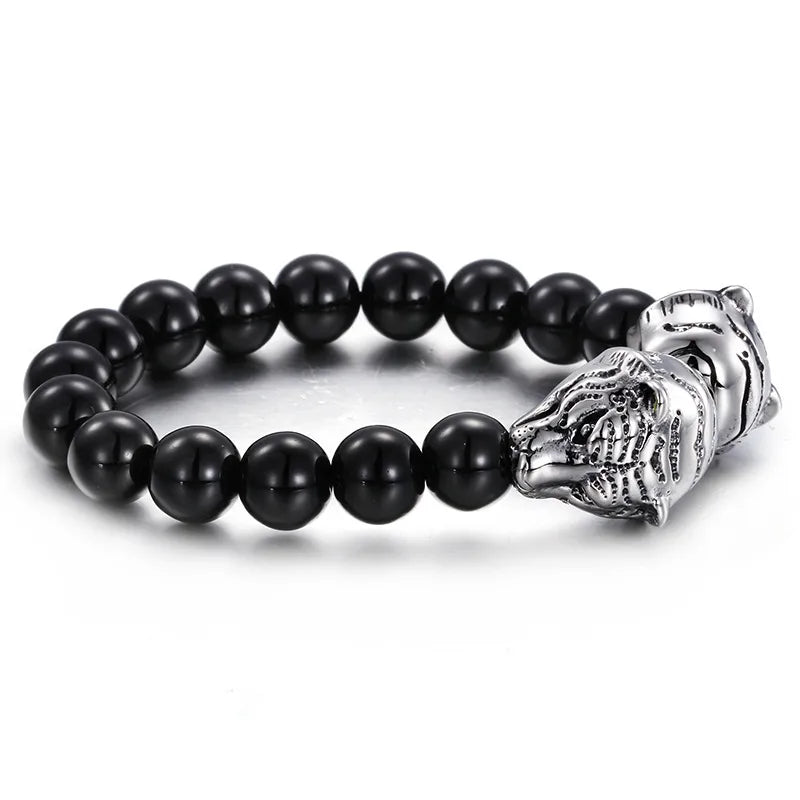 Black Onyx-Style Beaded Bracelet with Dual Tiger Heads – Men’s Titanium Steel Design