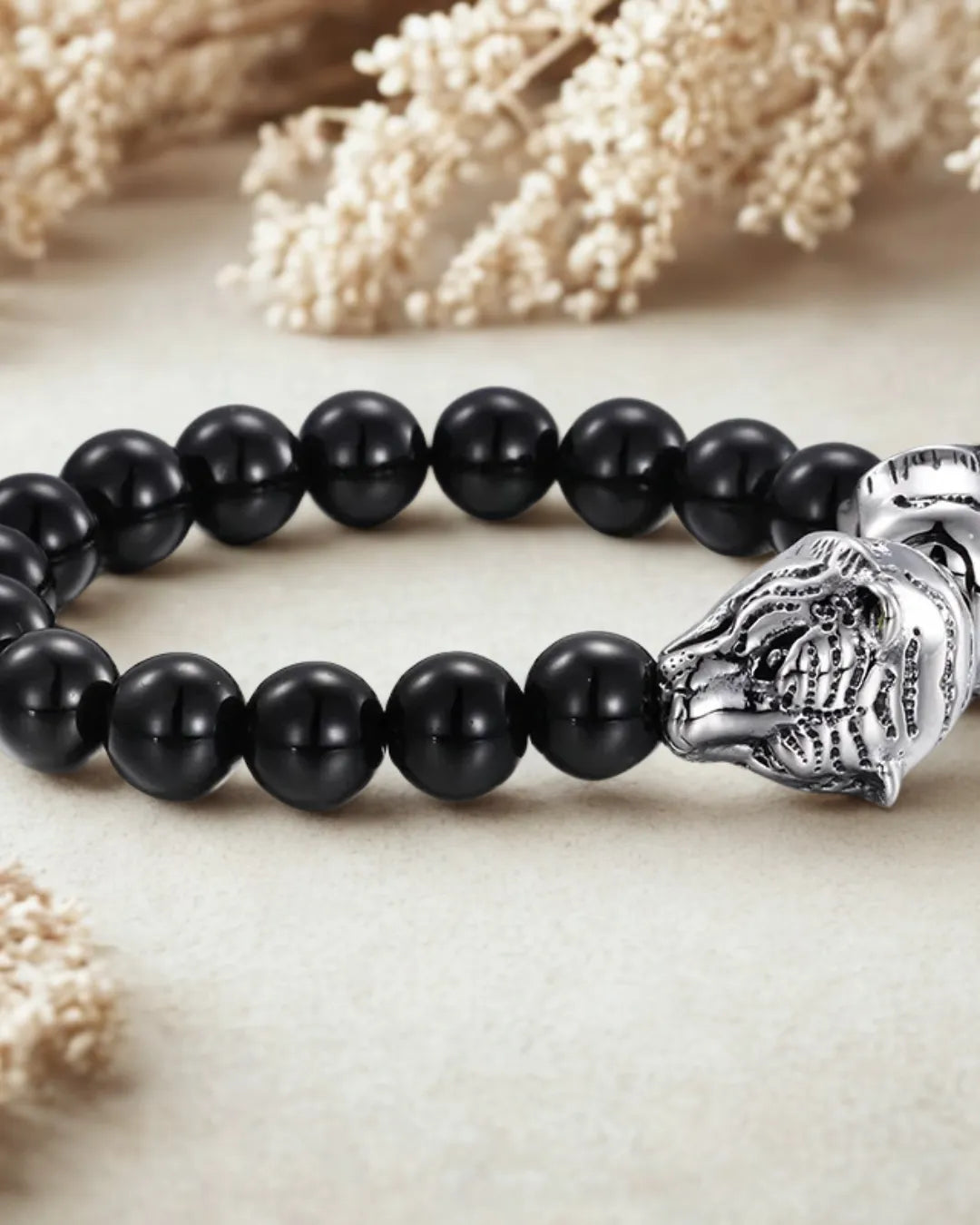Black Onyx-Style Beaded Bracelet with Dual Tiger Heads – Men’s Titanium Steel Design