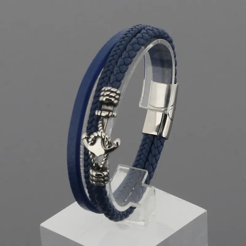 Nautical Blue Leather Bracelet with Anchor Charm – Men's Braided Design