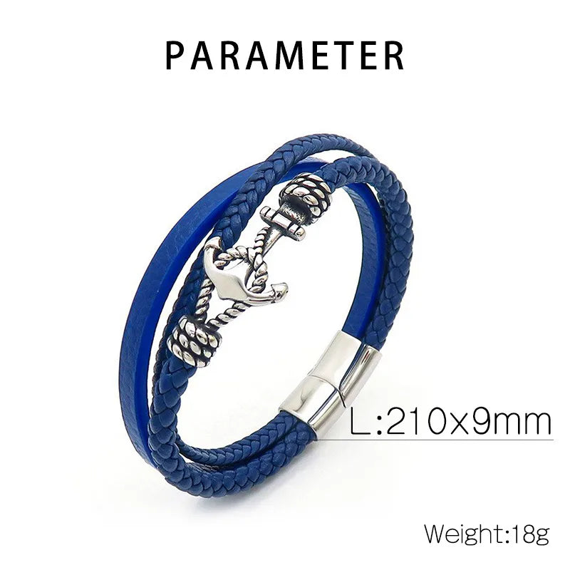 Nautical Blue Leather Bracelet with Anchor Charm – Men's Braided Design
