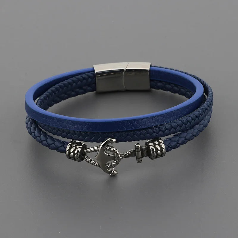 Nautical Blue Leather Bracelet with Anchor Charm – Men's Braided Design