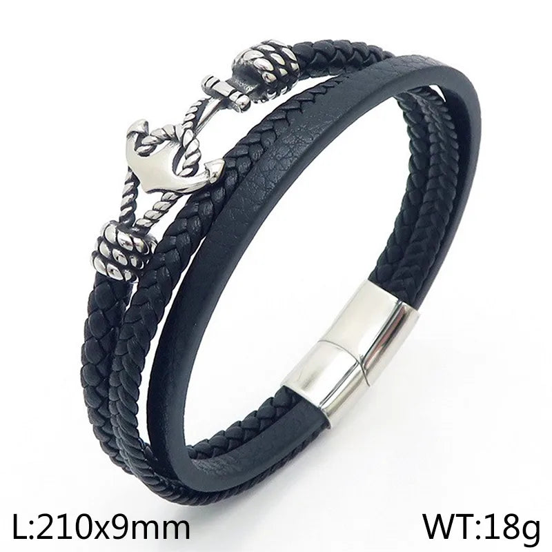 Black Leather Anchor Bracelet – Men’s Braided Nautical Style