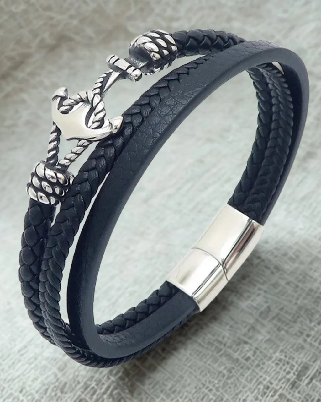 Black Leather Anchor Bracelet – Men’s Braided Nautical Style