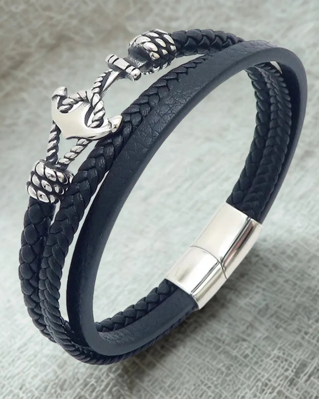 Black Leather Anchor Bracelet – Men’s Braided Nautical Style