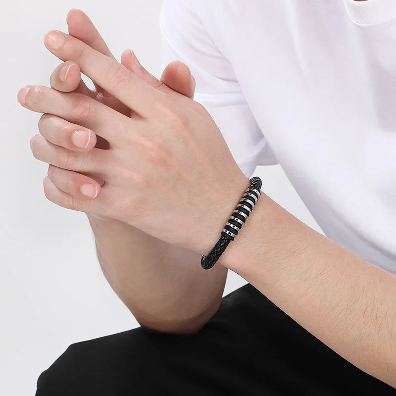 Geometric Steel Ring Accent Braided Leather Bracelet – Men's 304 Stainless Steel