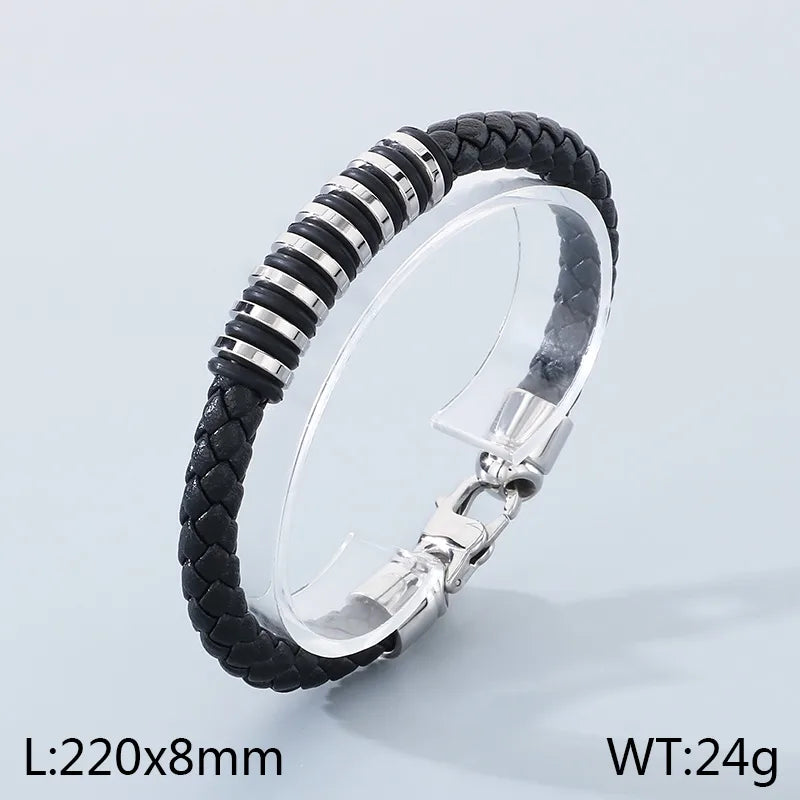 Geometric Steel Ring Accent Braided Leather Bracelet – Men's 304 Stainless Steel