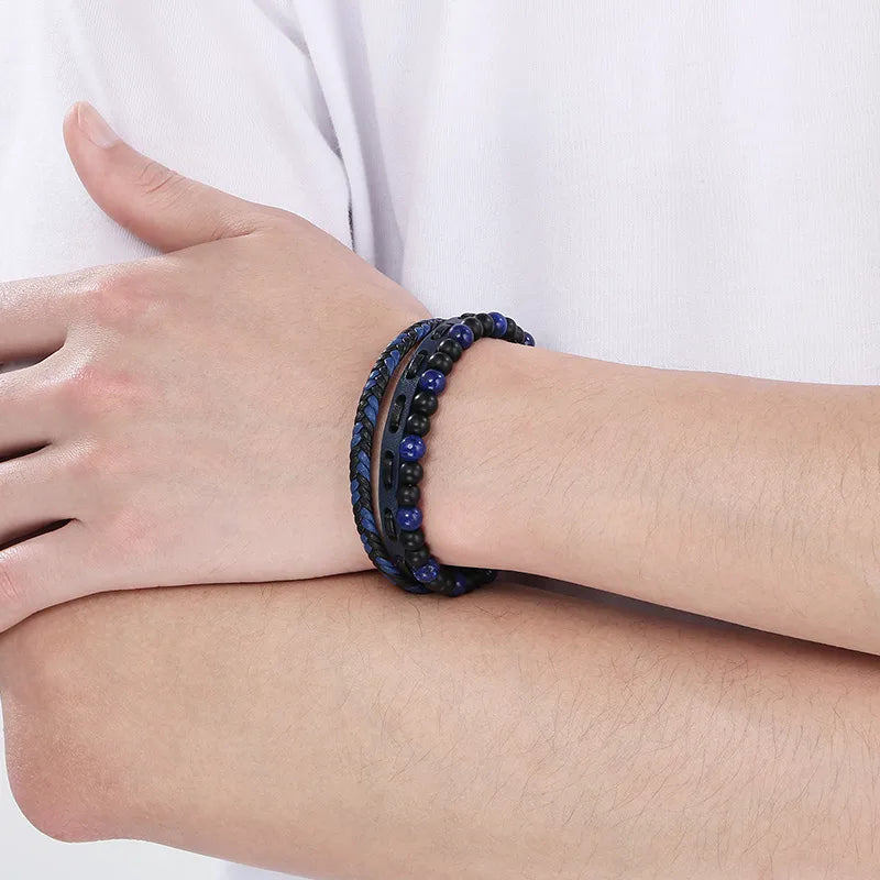 Triple-Layer Blue & Black Beaded Bracelet – Men's Microfiber Leather with Braided Design