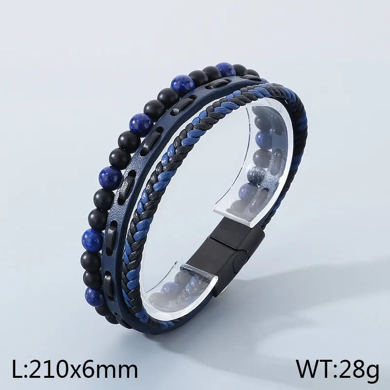 Triple-Layer Blue & Black Beaded Bracelet – Men's Microfiber Leather with Braided Design