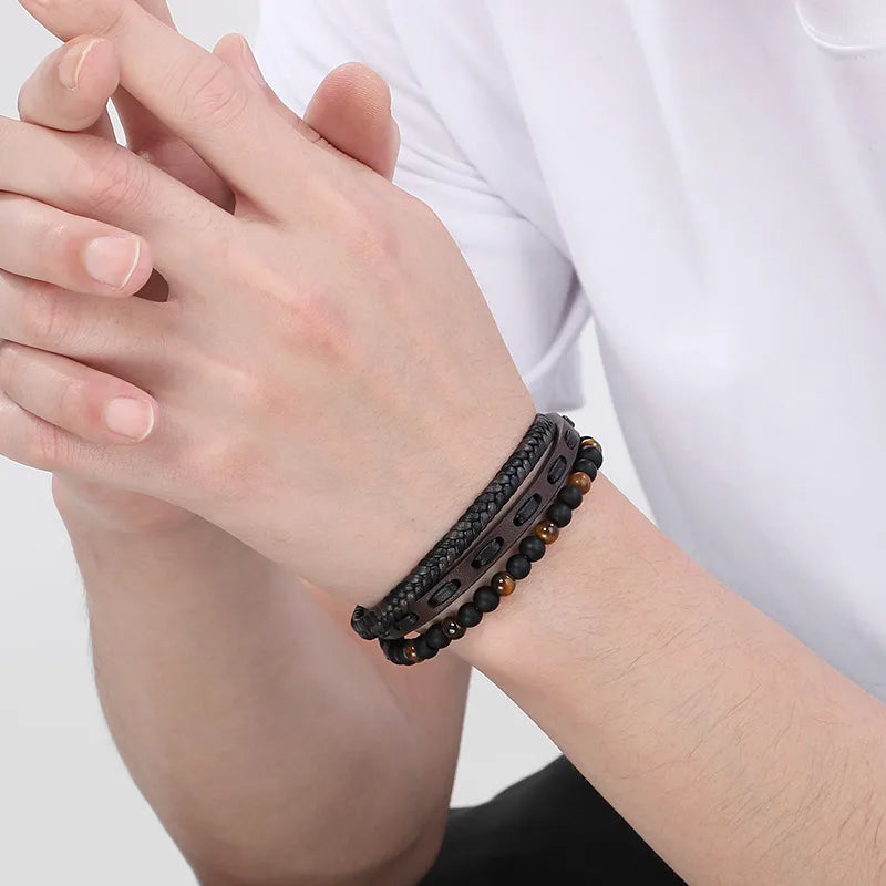 Triple-Layer Tiger Eye & Matte Black Beaded Bracelet – Men's Braided Leather