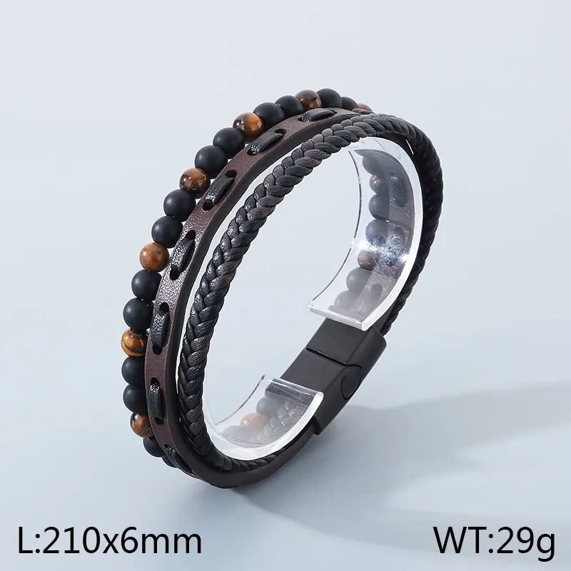 Triple-Layer Tiger Eye & Matte Black Beaded Bracelet – Men's Braided Leather