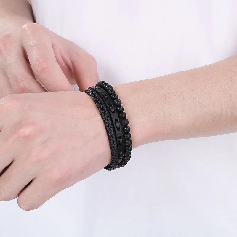 Triple-Layer All-Black Beaded Leather Bracelet – Men's Microfiber & Matte Design