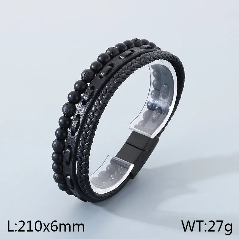 Triple-Layer All-Black Beaded Leather Bracelet – Men's Microfiber & Matte Design