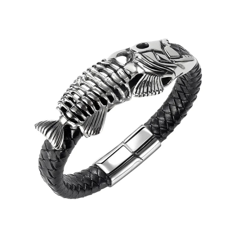 Retro Fish Skeleton Bracelet for Men – 304 Stainless Steel Magnetic Leather Bangle