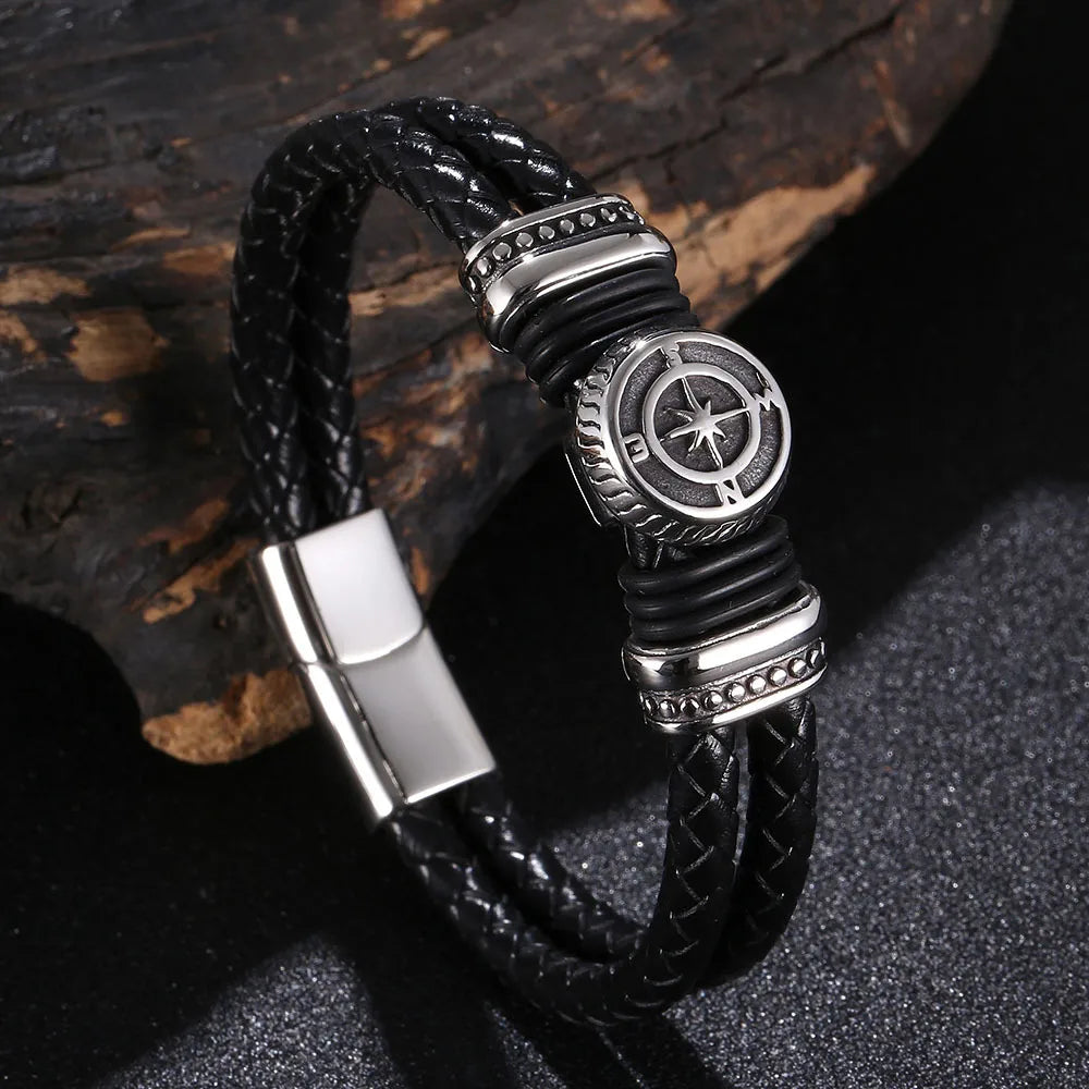 Men’s Double Leather Viking Bracelet with Compass Charm – Stainless Steel Clasp