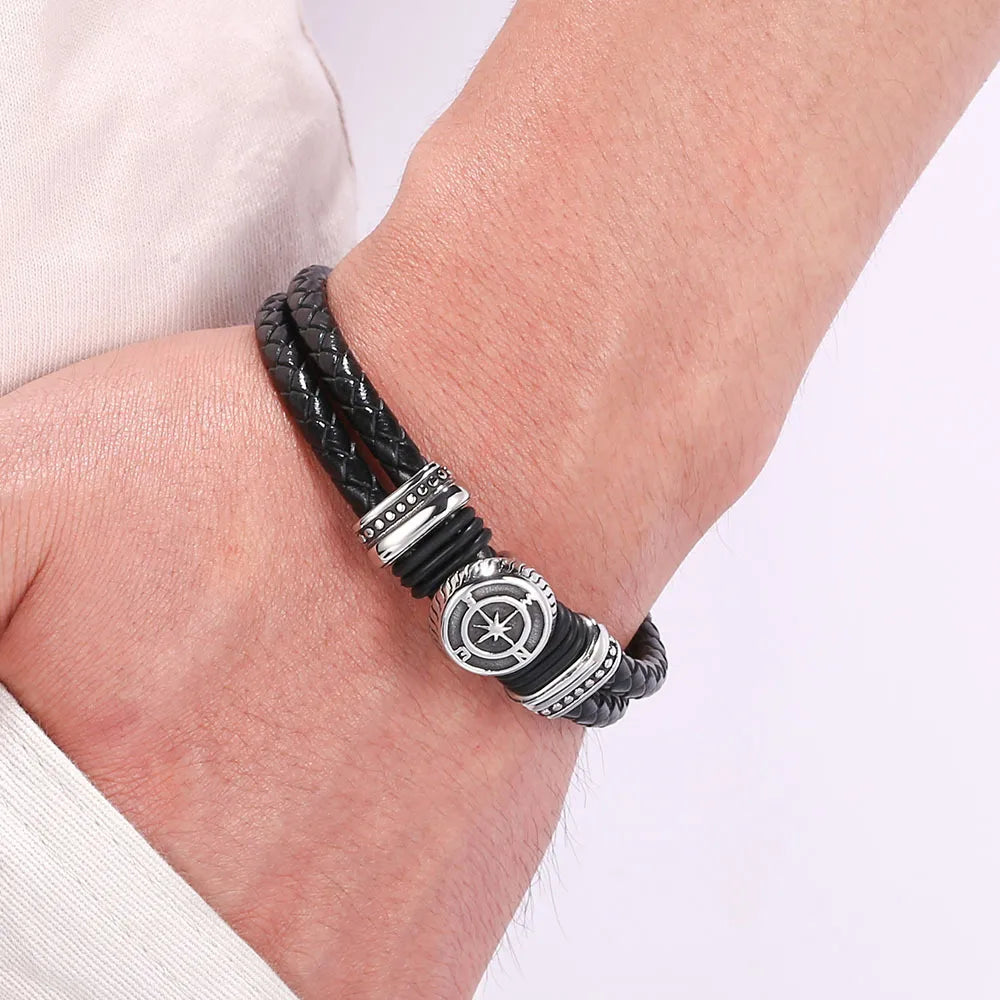 Men’s Double Leather Viking Bracelet with Compass Charm – Stainless Steel Clasp