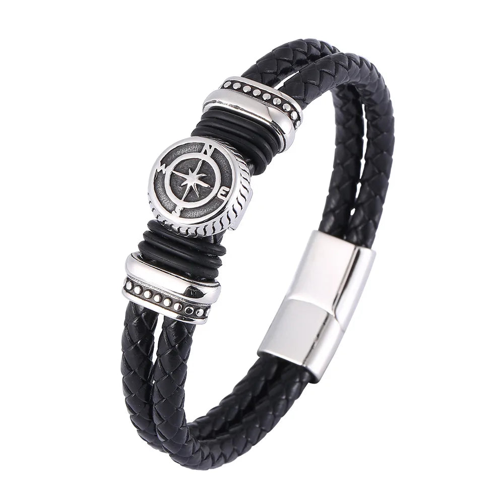 Men’s Double Leather Viking Bracelet with Compass Charm – Stainless Steel Clasp